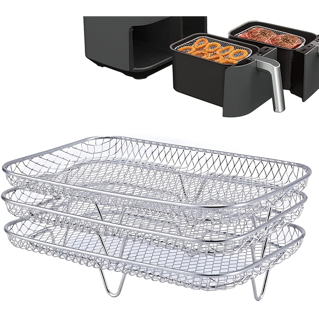 TEMU Sturdy 3-tier Stainless Steel Rack For Ninja Dual Basket Air Fryer | Multi-level Wire Mesh Structure For Uniform Cooking & , Ideal For