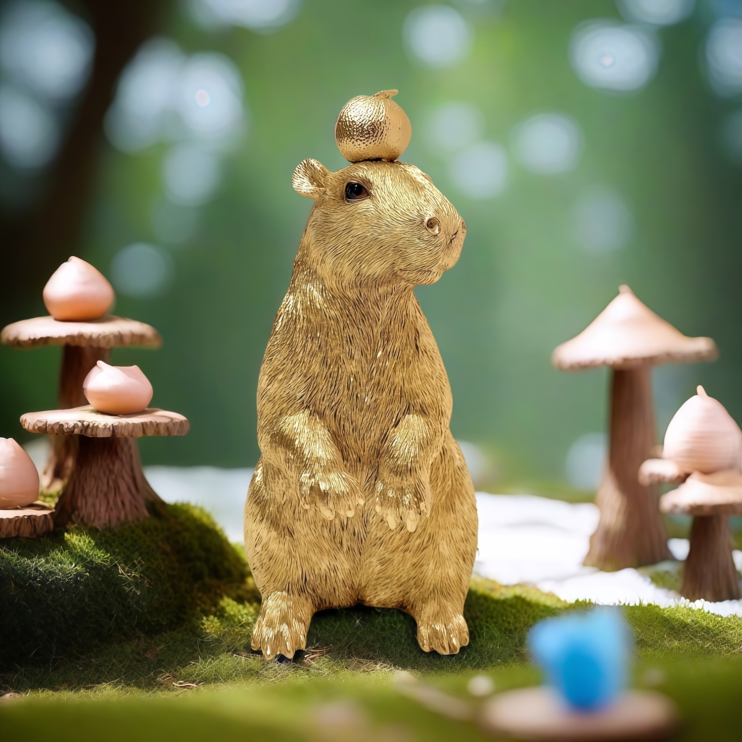 Golden Capybara Statue With Orange On Head - Cute Desk Decor, Decoration, Unique Gift For Christmas/birthday/ (5.83in)