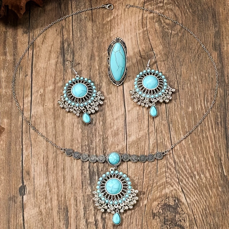  ethnic turquoise bohemian jewelry 3 piece set 1 pair of earrings 1 necklace 1 ring alloy a stylish feminine gift for her details 0