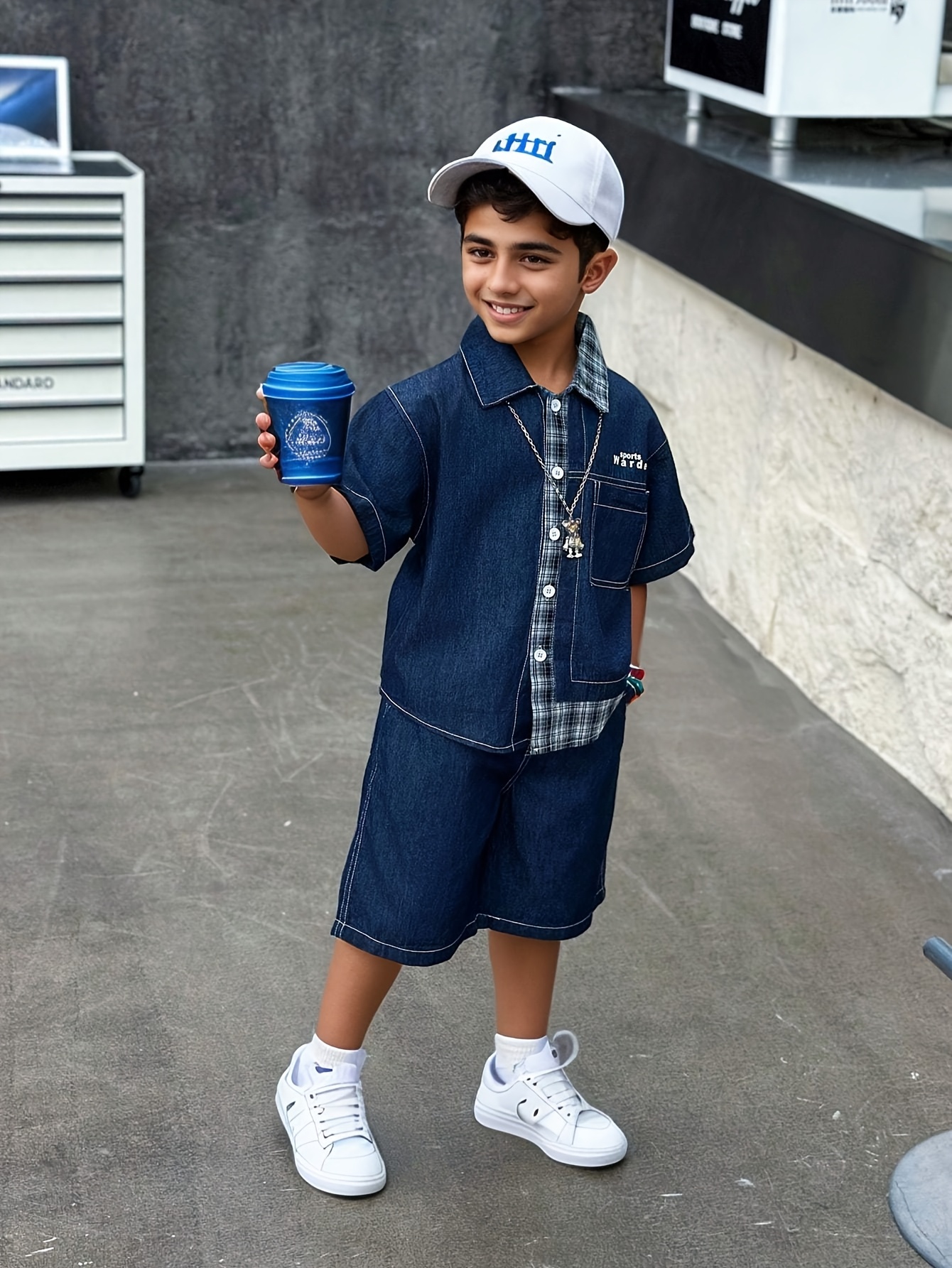 boys denim short sleeve shirt shorts set casual summer Temu