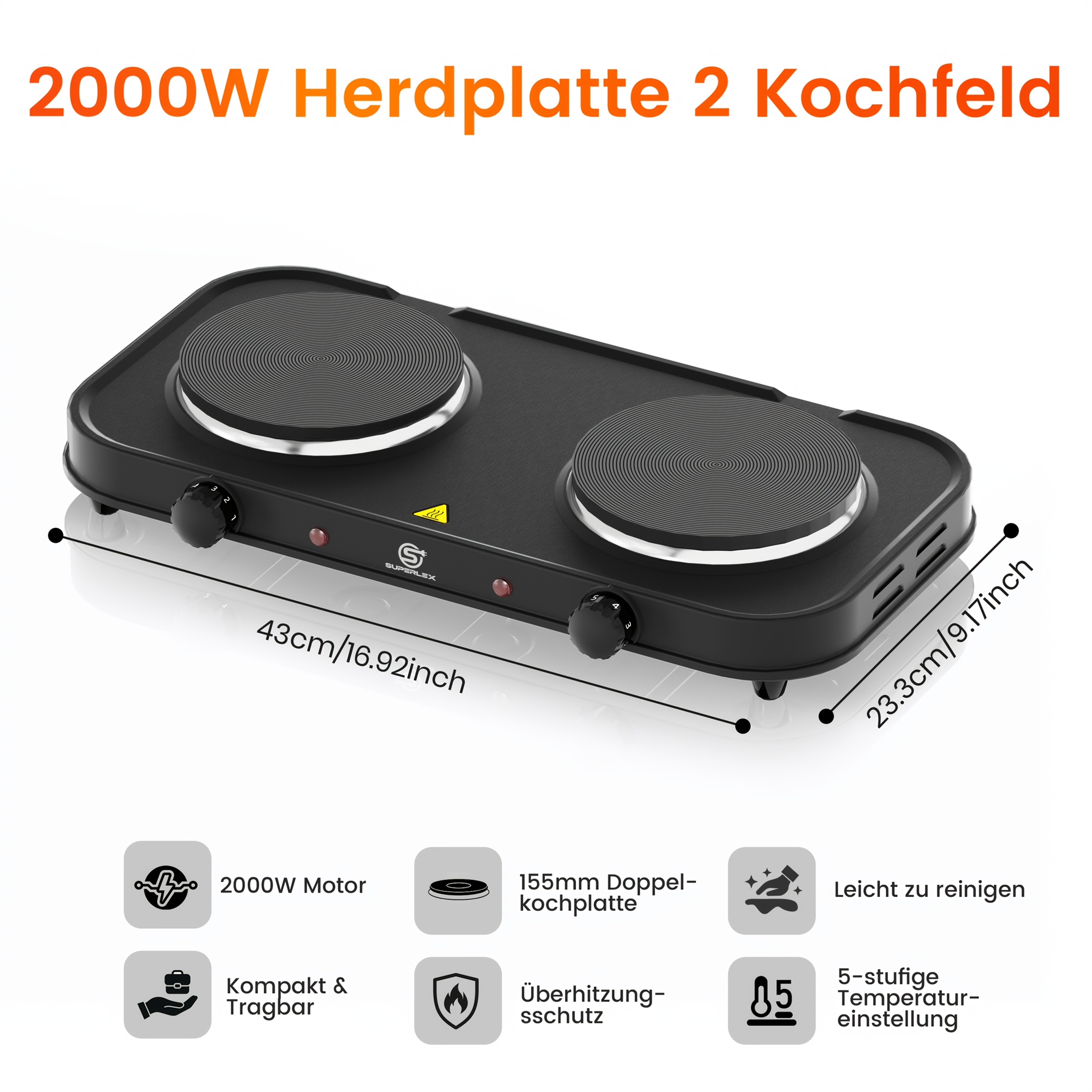 TEMU Plaque à Repas Électrique à Double Brûleur SUPERLEX : Cuisinière à Induction Portable Haute 2000W, Zones de Cuisson en Fonte (155mm) avec Précis