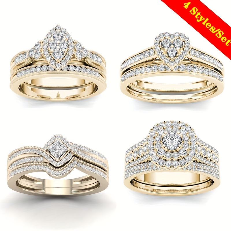 

4 Styles/sets Of Fashionable Women's Exquisite Synthetic Zirconia Electroplated Ring Set For Engagement And Wedding Anniversary Commemorative Perfect Gift Jewelry