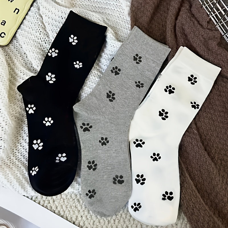 E-shop 3 Paar Damensocken für Herbst und Winter mit Cartoon-Hundepfotenabdrücken, Unifarben, trendig und vielseitig, süße Mid-Calf-Socken im