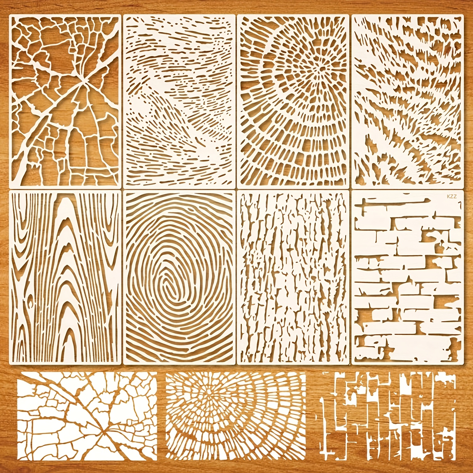 Image of 8pcs Kzz Reusable Texture Stencils | Net, Wood Grain, Stone Patterns For Scrapbooking, Painting Templates In Creamy, Polyethylene Terephthalate Material - Ideal For Fabric, Glass & Crafts