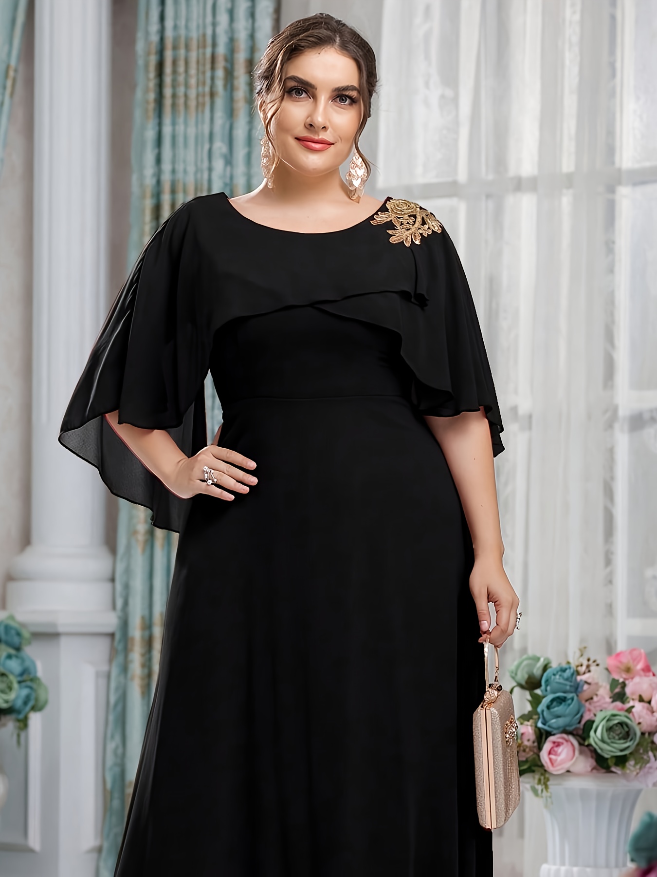 extra long chiffon dress Long Sleeves V- Neckline Chiffon Evening Dress CD0192 XL / Champagne (Wheat)