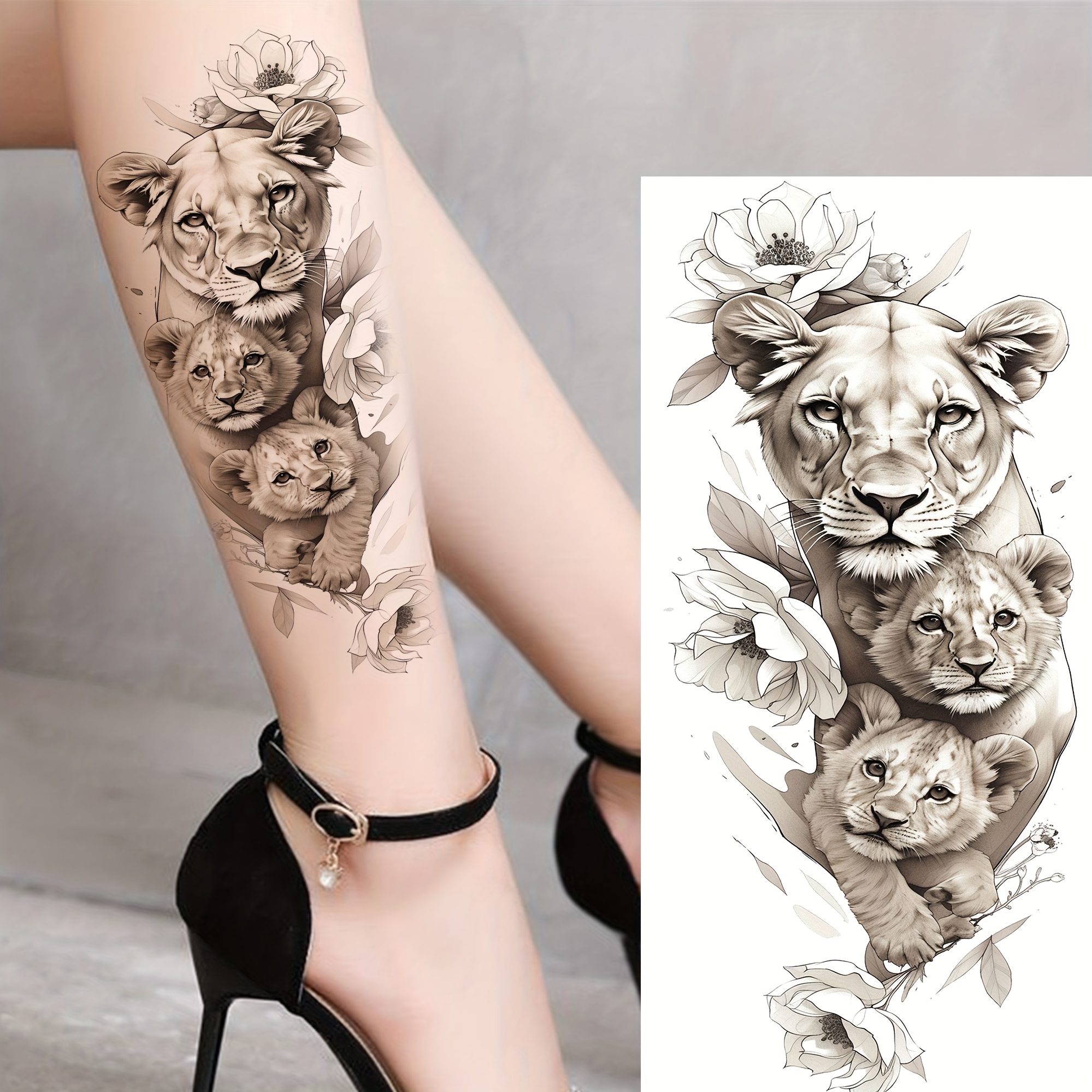 1 Sheet Realistic Lion & Temporary Tattoos Suitable For , Waterproof Long-lasting Fake Tattoo Stickers With Thigh,, Forearm, Arm Designs For Parties, Festivals, Swimming - Instant Body For Adults