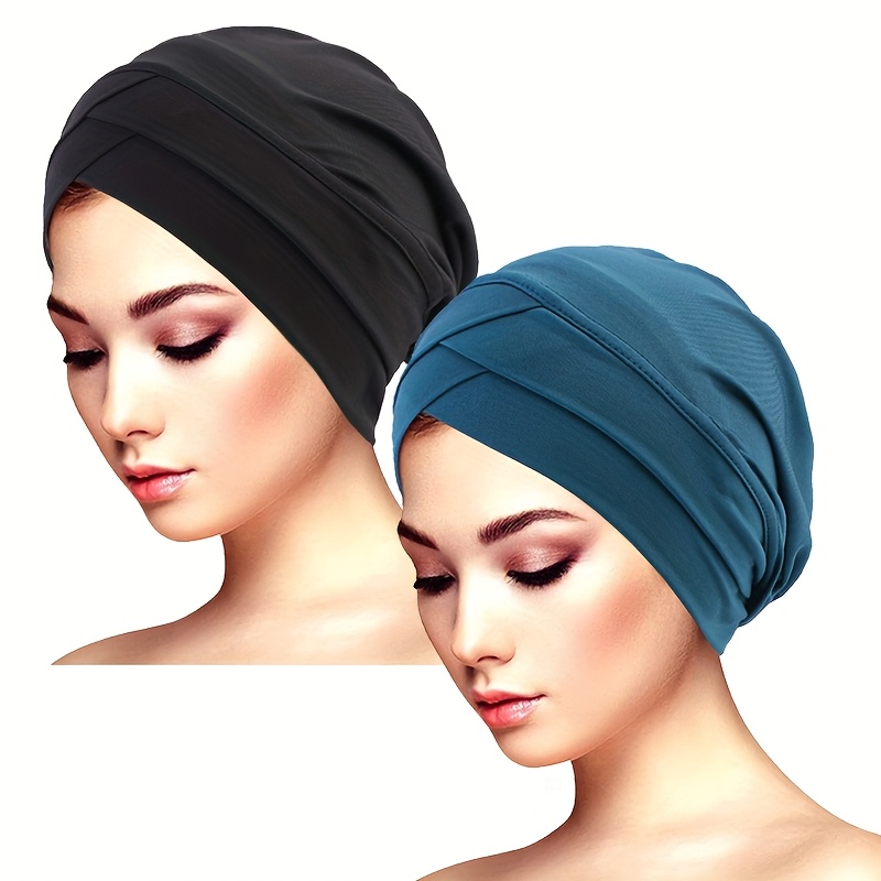 TEMU 2pcs Stretchy Double Turban Caps - Polyester, Chemotherapy & Personal Care