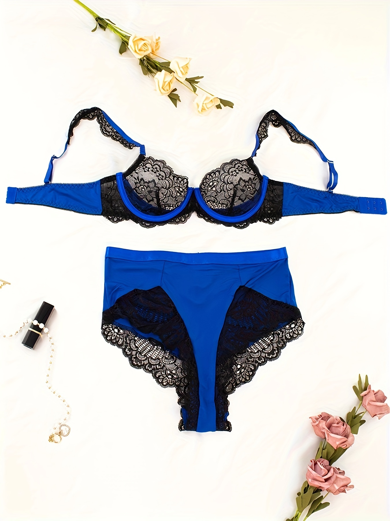 Contrast Lace Bra & Panties, Push Up Bra & Elastic Panties Lingerie Set,  Women's Lingerie & Underwear