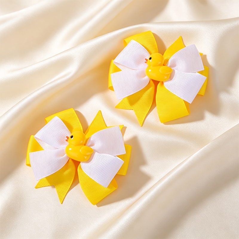TEMU 2pcs Set Of Cute Little Yellow Duck Decorative Bow Hair Clips, Kawaii Hair Clips With Sweet Ribbon Bows, Fashionable Cute Cartoon Hair