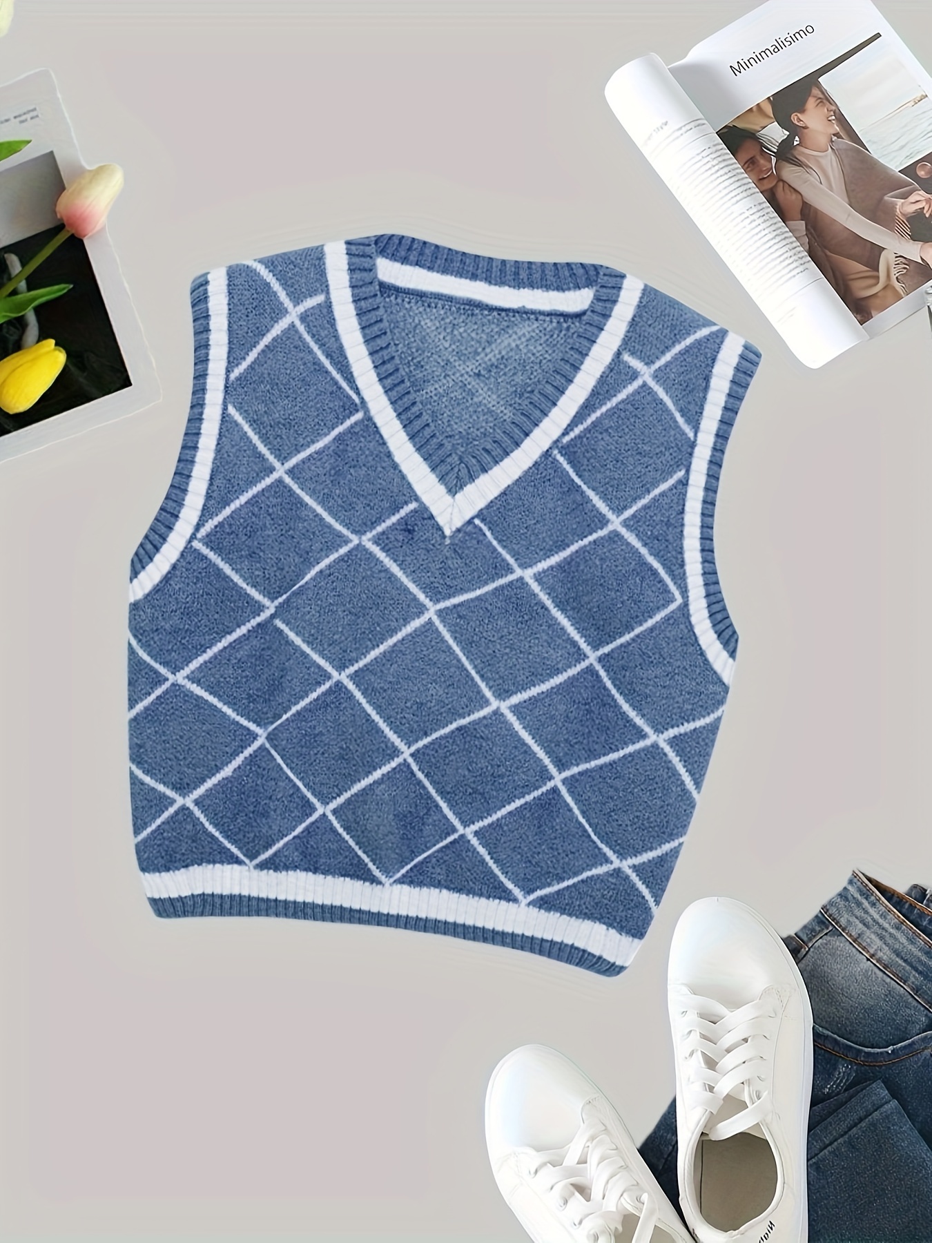 Argyle Print Sweater Vest Vintage Preppy V Neck Sleeveless - Temu