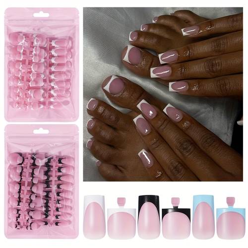60pcs press on toenails multicolor french short square and coffin glossy french designs toe nails