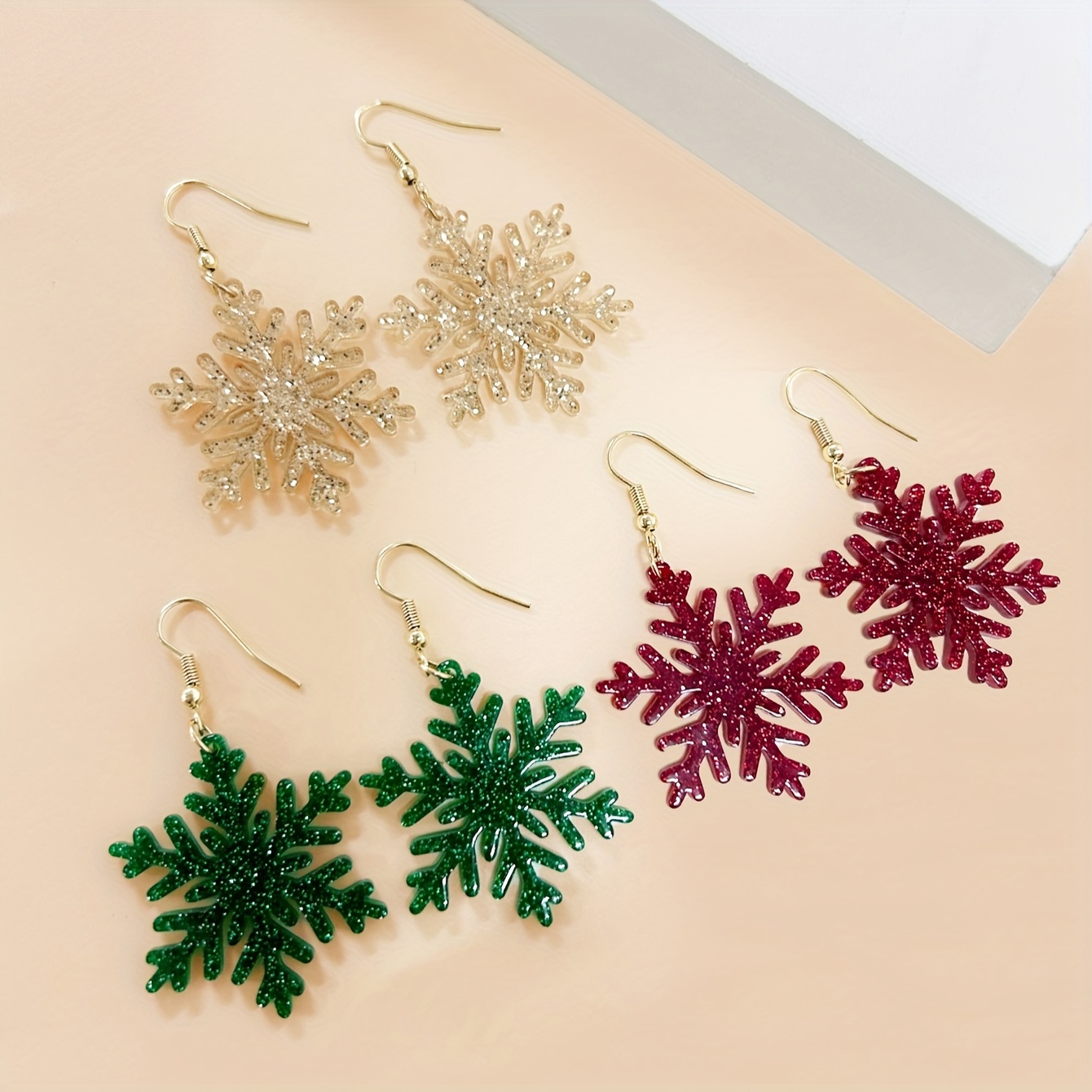 

6pcs Sparkling Dangle Earrings Set - Red, Green & Champagne Glitter Acrylics For Christmas, New Year's Eve & Parties