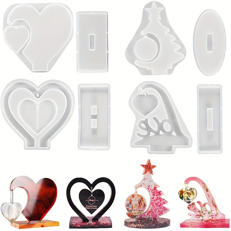 TEMU 4pcs Silicone Resin Molds Set - Heart & Christmas Tree Shapes For Diy Photo Frame, Epoxy Resin Art, Tabletop Home Decor Crafts, Unique Gift