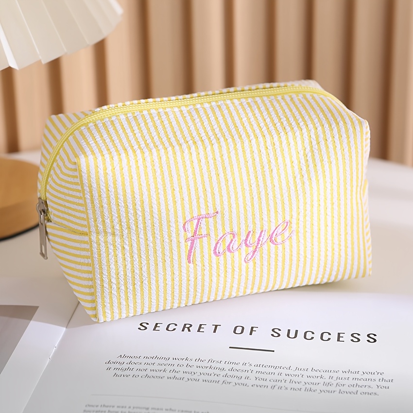TEMU Personalized Embroidered Name Makeup Bag, Striped Cosmetic Pouch, Custom Name Travel Toiletry Bag, Portable Zippered Organizer, Suitable For