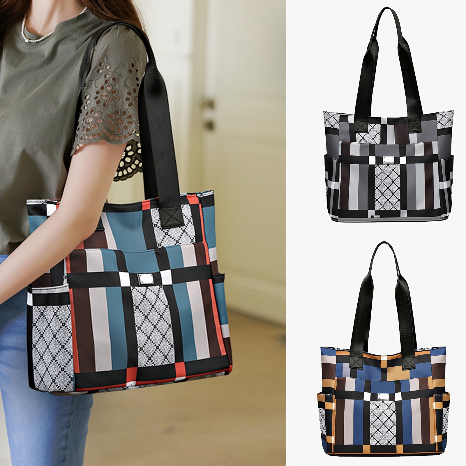 

Women's Geometric Color Block Large Capacity Nylon Tote Bag, Casual Style Bag With Zipper Closure For Shopping And Work
