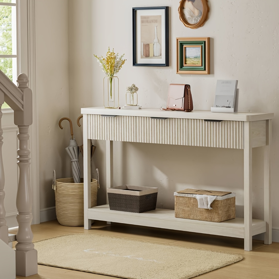 51 IN Fluted Console Table with 3 Drawers, Modern Entryway Table with Metal Handles, Sturdy Solid Wood Design, Hallway Table with Storage, for Living Room And Hallway