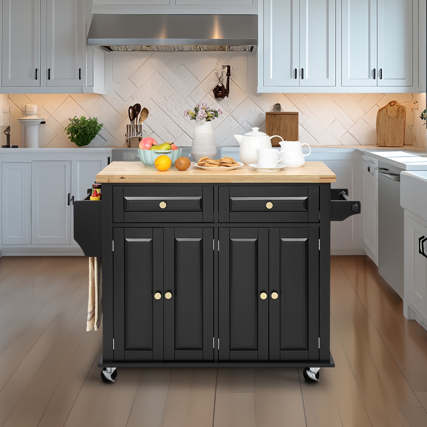 Rolling Kitchen Island with Drop Leaf, Thicken Rubberwood Top, Spice Rack, Towel Rack, Drawer, 43.3