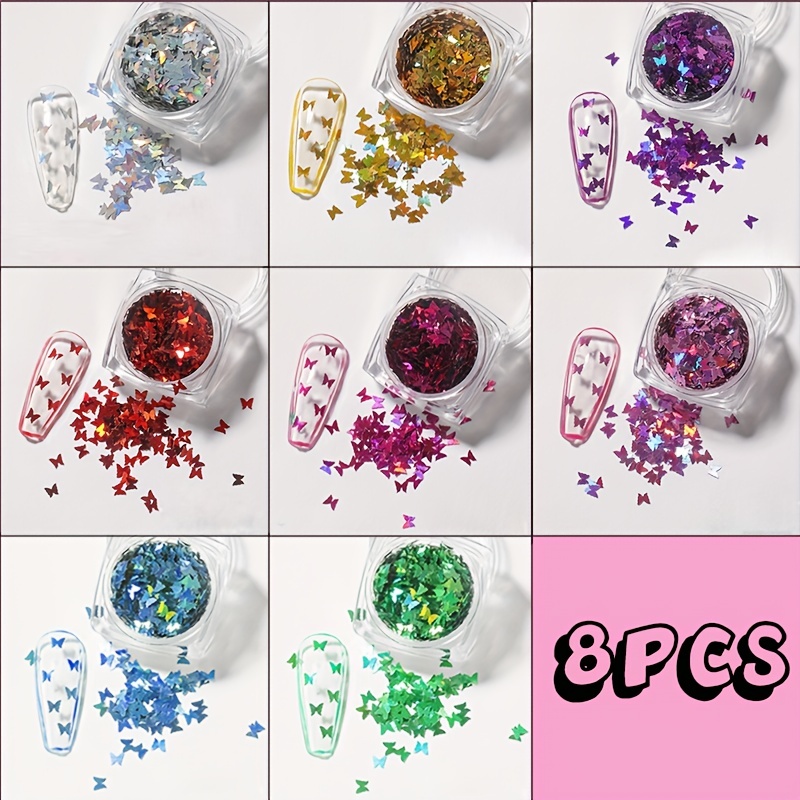 

8pcs/set Holographic Nail Glitter Sequins, Hypoallergenic 3d Nail Art Charms, Square Sparkle , Ideal For Diy Arts & Crafts, Asian Collection