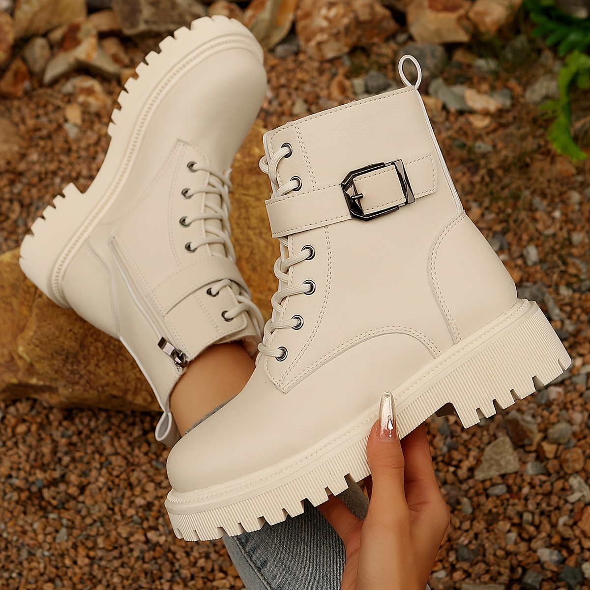 

[waterproof Protection] Women' Winter Ankle Boots - Soft Synthetic Leather, Warm , Non-slip Lace- With Strap & Side Zipper, Cream Color, Cold Weather Outdoor Activities