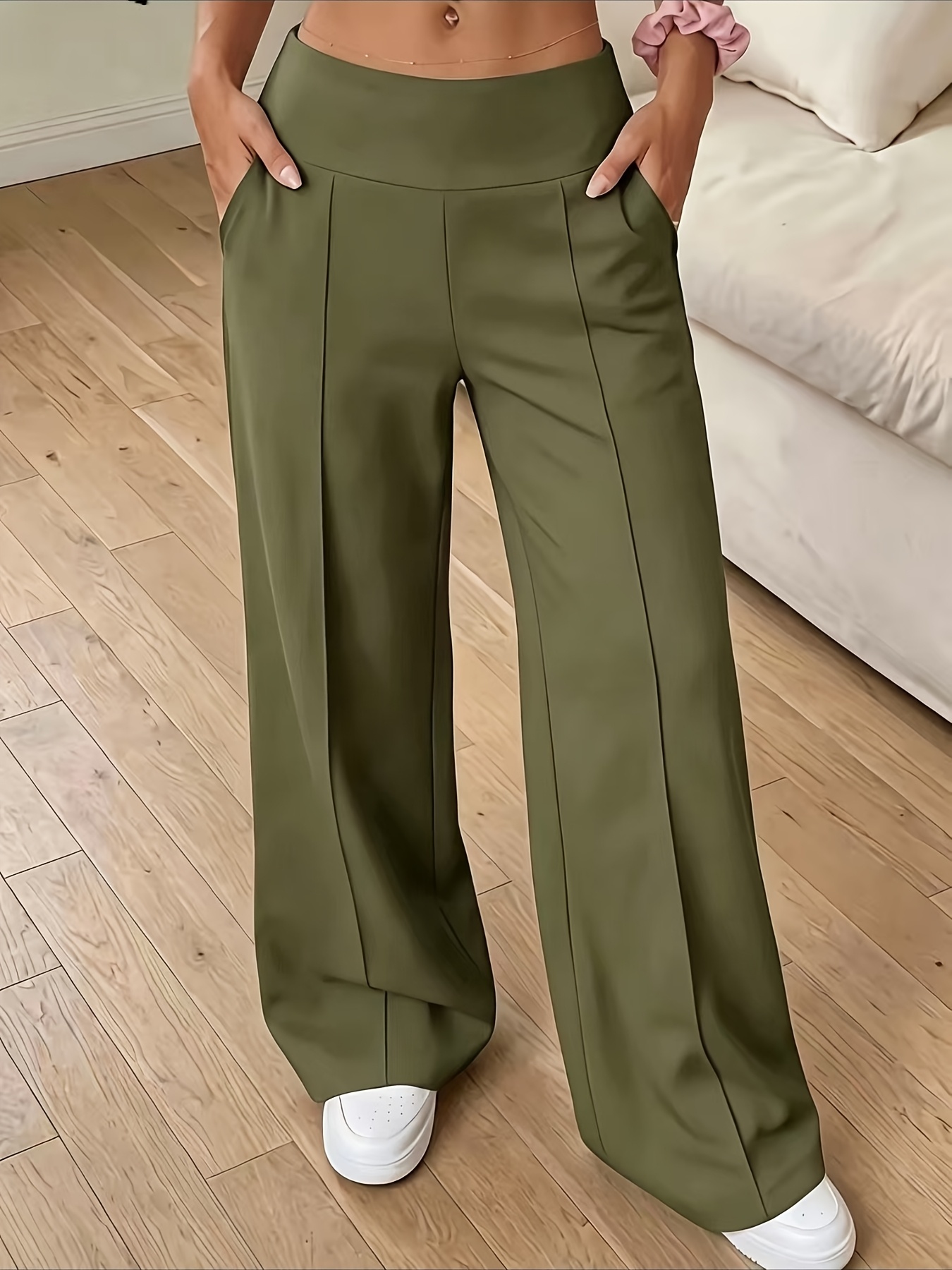 imagen del artículo pantalones de estar por casa para mujer, de color liso, de    , pierna ancha y casuales con bolsillos