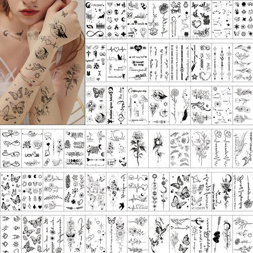 60 sheets small black temporary tattoos suitable for women 300 body art stickers with positive message tattoos flowers butterflies hearts feathers stars for parties festivals everyday fun application