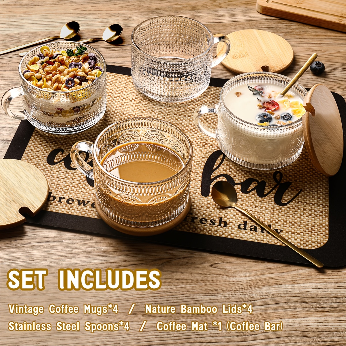 

4 Cup Set, Gifts For Women, Overnight Oatmeal Container With Bamboo Lid And Spoon - 14oz Clear Embossed Glass, Cute Coffee Bar Accessories, Iced Coffee Mug, Christmas Gifts, Gifts For Girlfriend