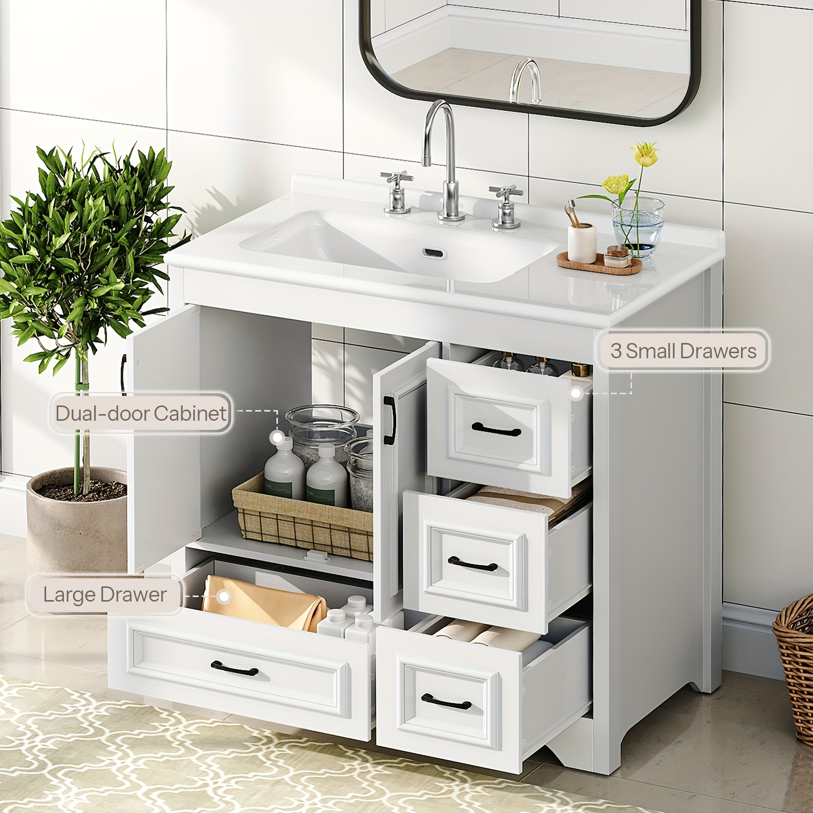 white bathroom vanity with sink   cabinet with ceramic countertop drawers and cabinet arc   design and metal glides drain kit not included for bathroom Product details 4
