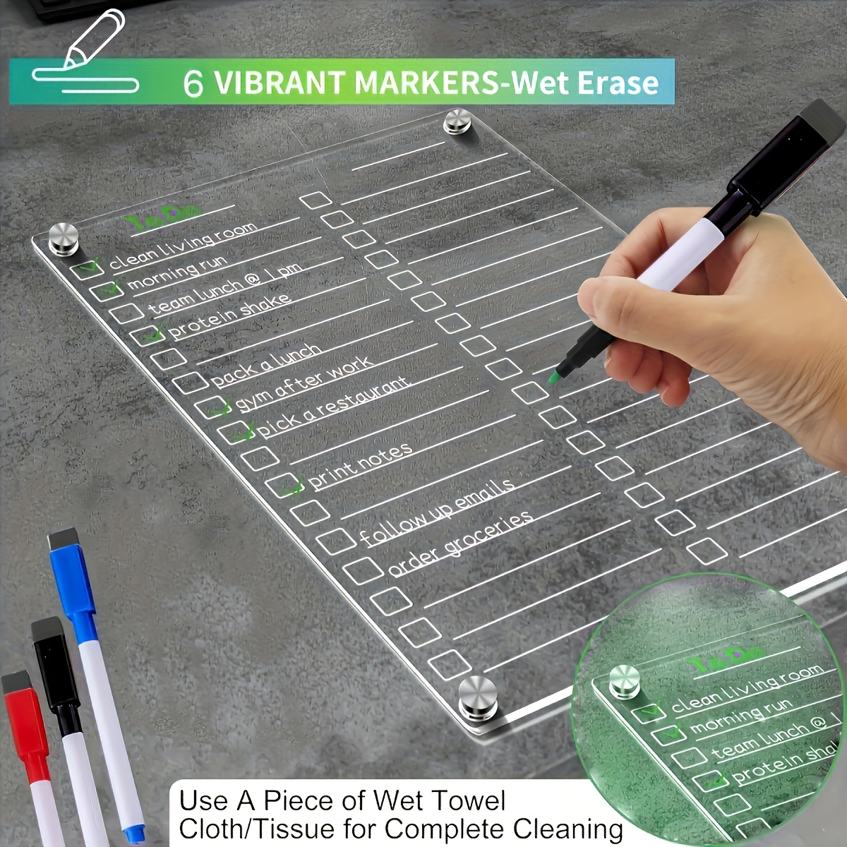 

A Set Of Acrylic Magnetic Refrigerator Planners - A -erase Board With To-do And Shopping , 6 Wet-erase Markers, An Eraser, And Strong Removable Magnets - Magnetic Refrigerator Whiteboard Set.