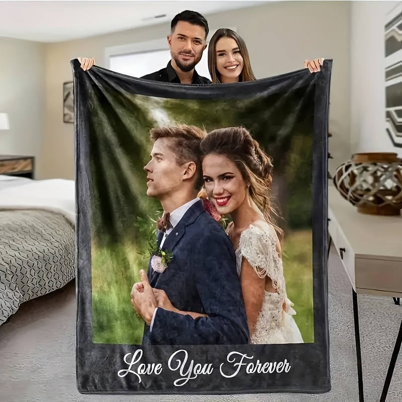 TEMU Custom Photo Throw Blanket - Soft Flannel, Geometric Black & , "love You " Text - Personalized, Cozy Nap & Small Throw Blanket For All - Ideal Gift