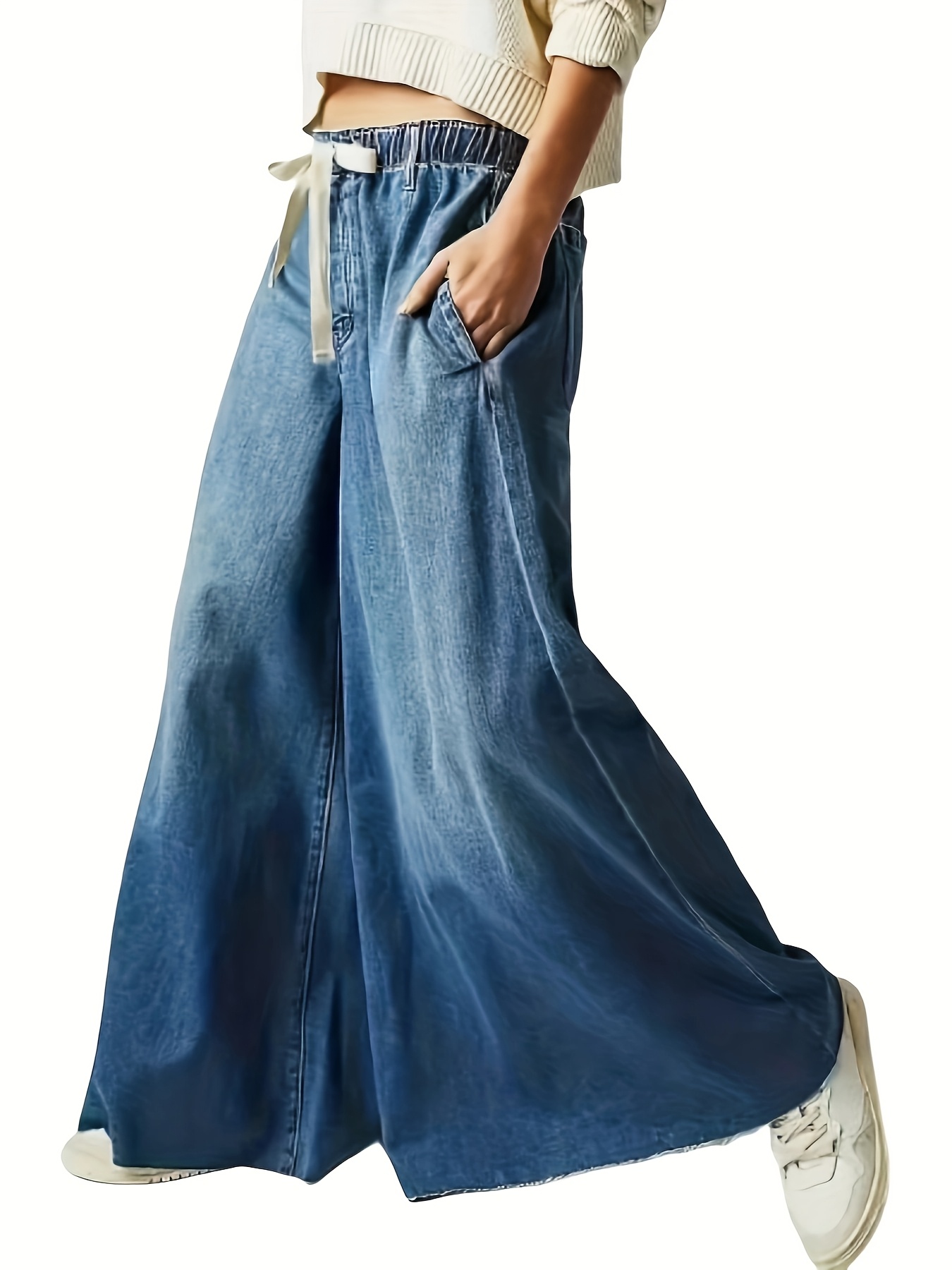 modr dmsk plus-size dny s prunm pasem, mdn univerzln rozen rovn nohavice z pranho stretch denimu se stranovmi kapsami a pednm patchworkovm rkovnm 0