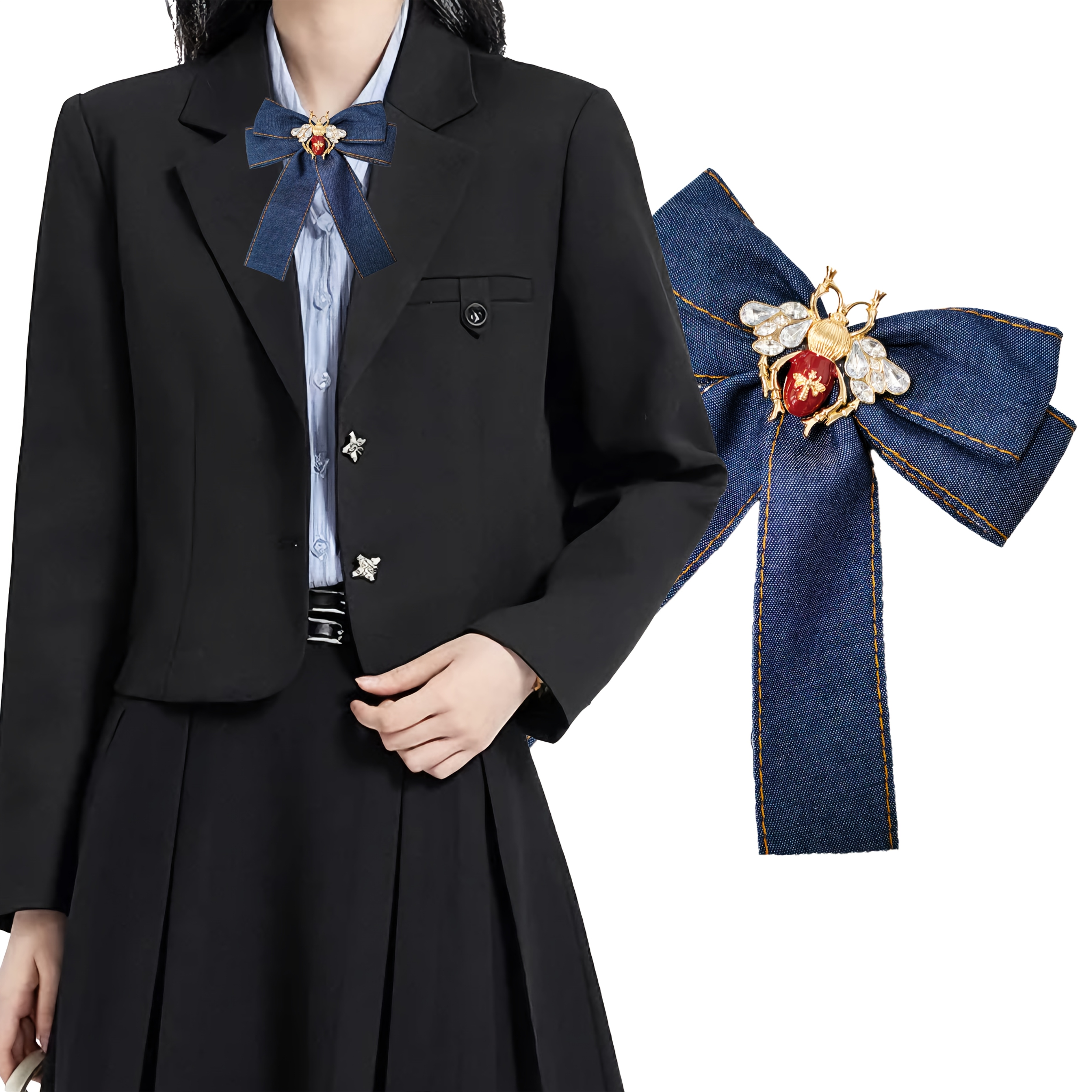TEMU A Handmade Solid-color Women's Bow Tie With Insect Decoration In Denim Style, Featuring A Delicate Design. Perfect For School-style Outfits,
