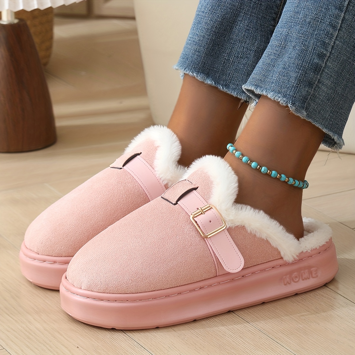 TEMU New Winter Thick Versatile Design Plush Women'-proof Warm Indoor And Outdoor Slippers, Women Shoes