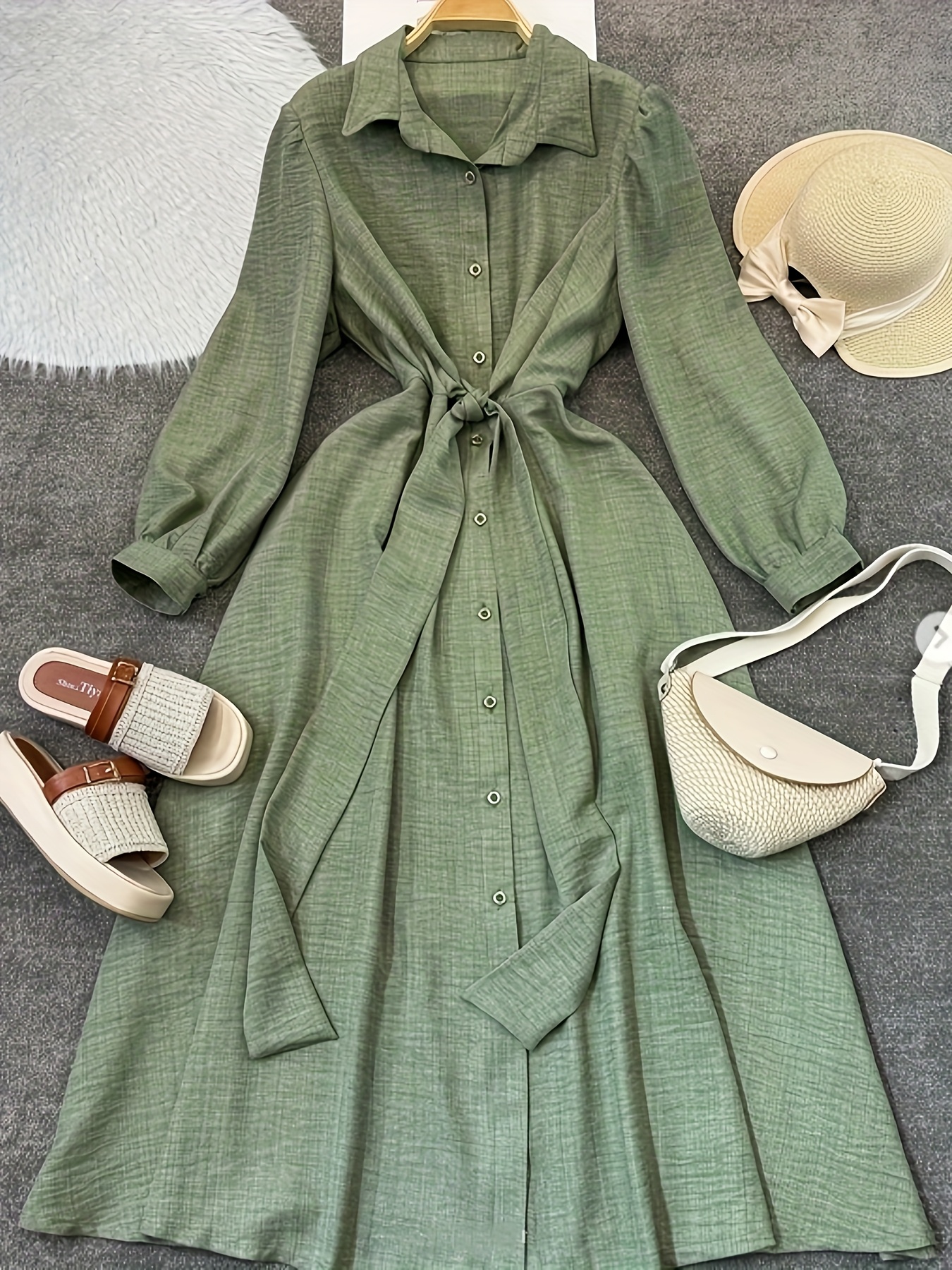 Olive Green Shirt Dress for Women, Featuring a Stylish Waist Tie And Long  Sleeves - Model LL168