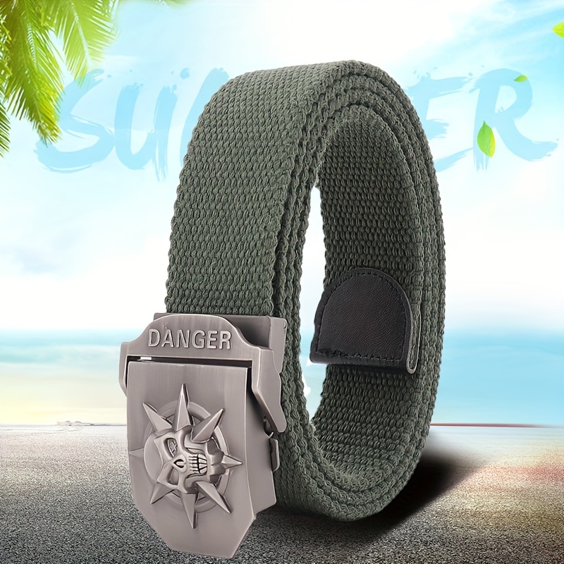 Mens Skull Emblem Canvas Belt with Automatic Buckle