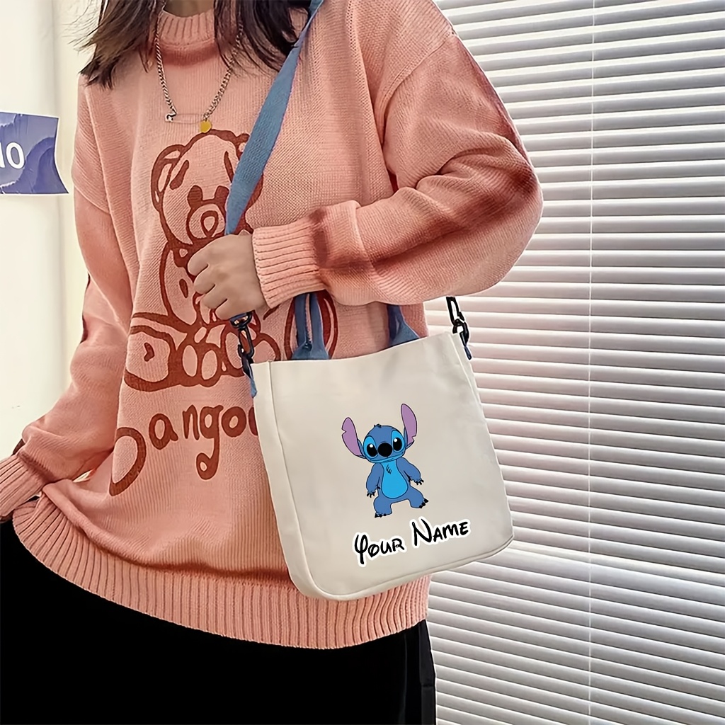 

1pc Customizable Stitch Canvas Tote Bag, Personalized Name, Cute Cartoon Animal Print, Casual Anime Theme, Unlined, Closure, Multi-functional For Home, Travel & Vacation Storage Makeup Bag