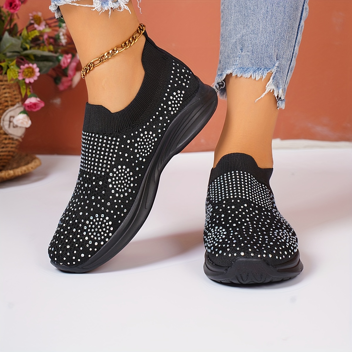 

Chic Women's Slip-on Sneakers With Crystal Accents - Breathable Fabric, Low Heel, Casual Shoes