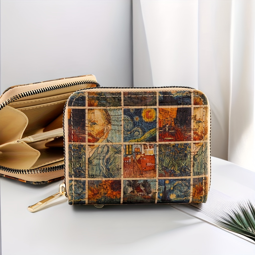 

Vintage Inspired Mini Wallet With Oil Painting Pattern, Multiple Card Slots, Chain Closure, Compact And Portable