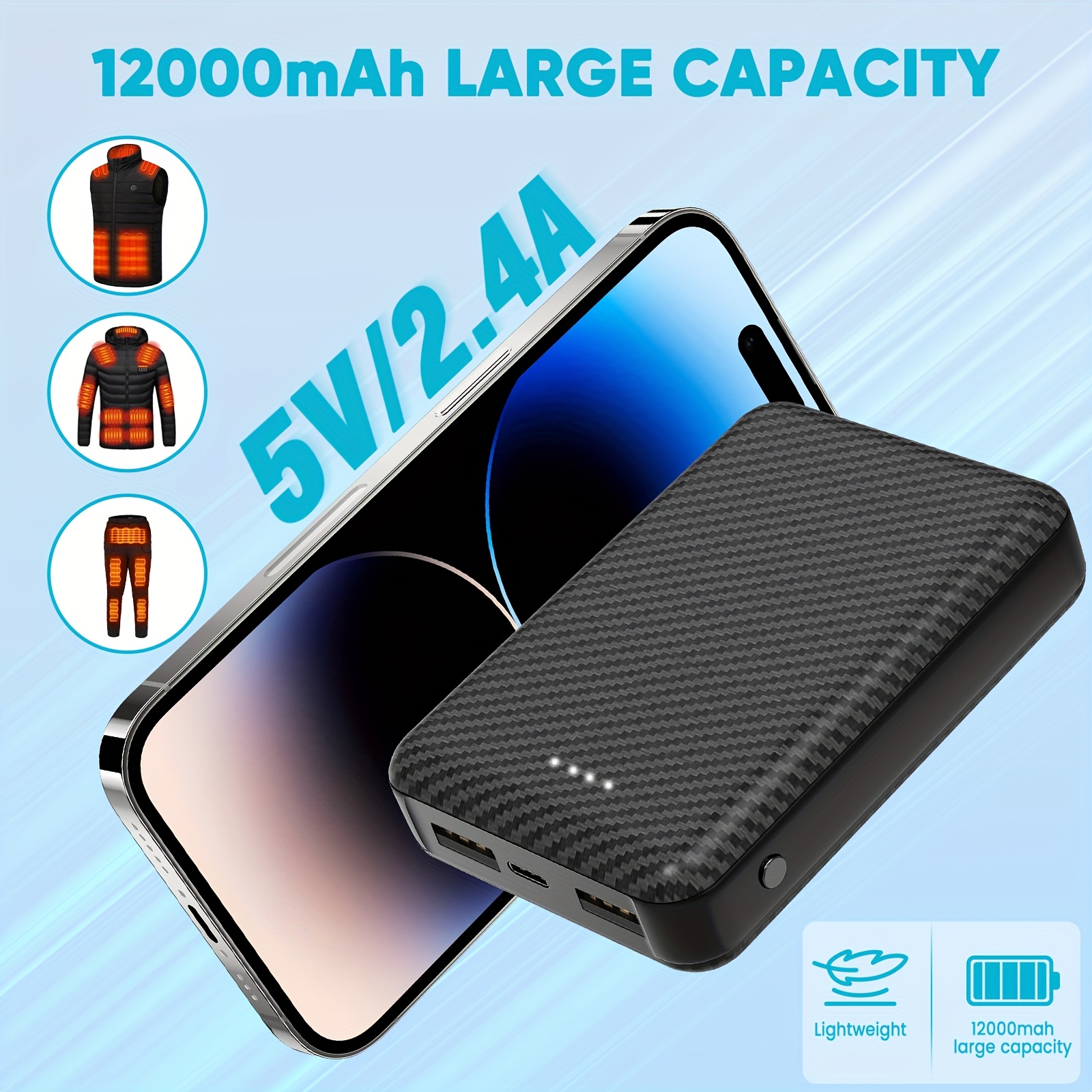 TEMU Chargeur Portable USB-C 12000Mah - Unité de Batterie Rechargeable 5V/2.4A, Idéal pour Camping-Car avec Gilets Chauffants, Vestes et Coussins de