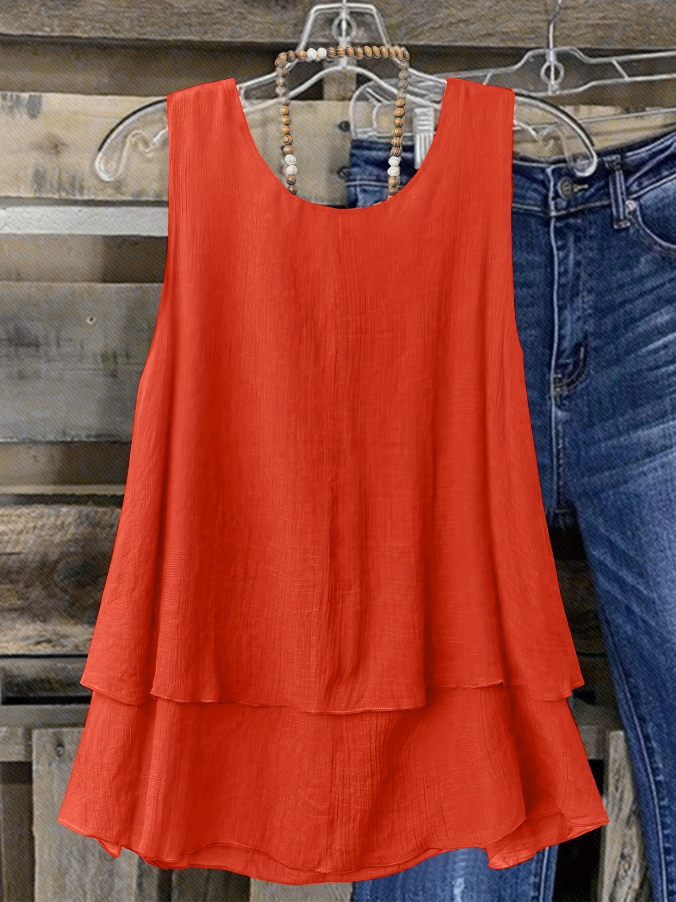 Women's Plus Size Sleeveless Elegant Top - Lightweight Breathable Blue Round Neck Vest, Machine Washable Spring Summer Casual Wear, Elegant Special Line Collection, Sophisticated Design, Textured Fabric