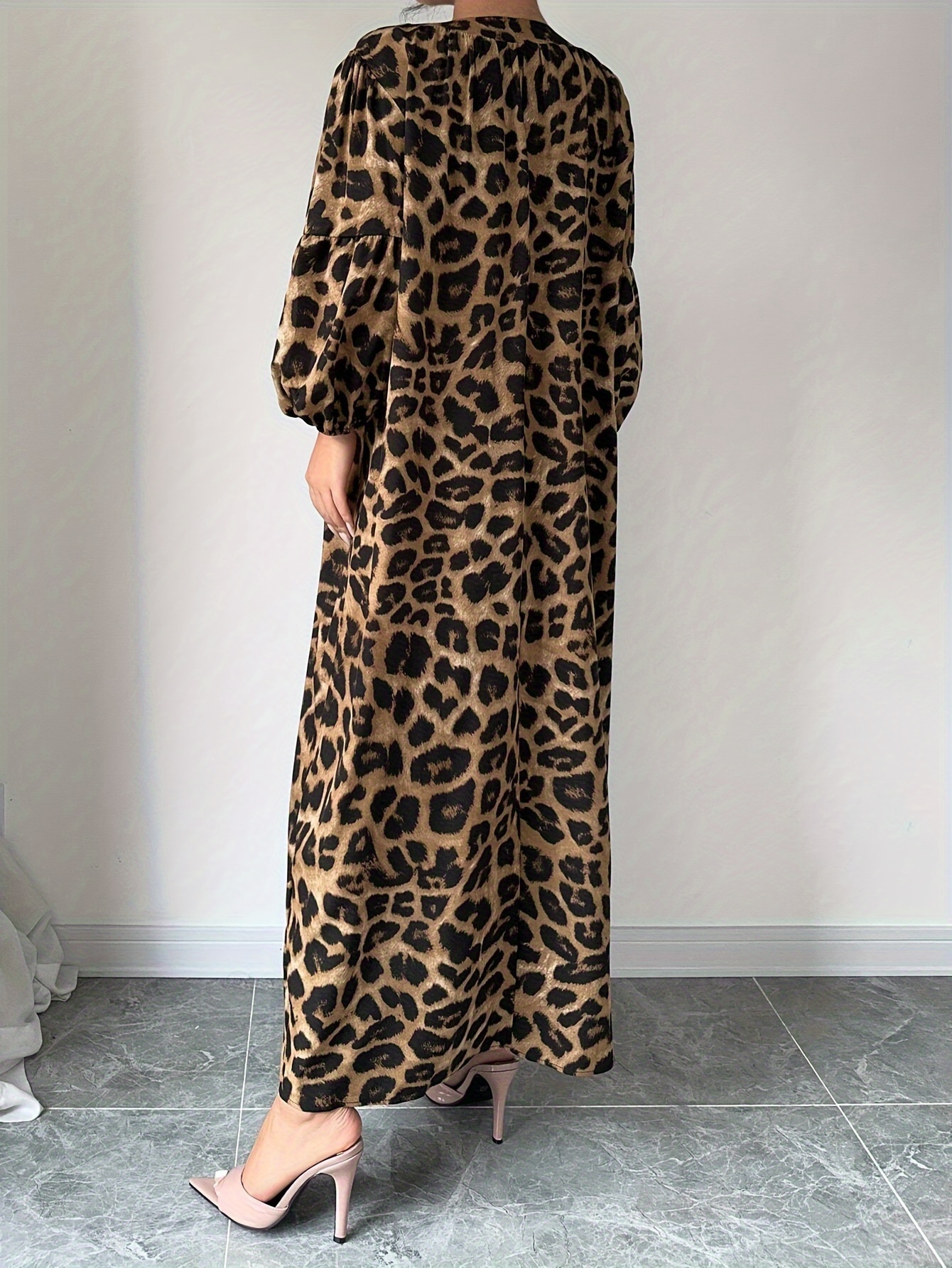 Women's Loose Long Sleeve Flared Dress with Leopard Print and V-Neck for  Spring, Summer, and Autumn Casual Wear