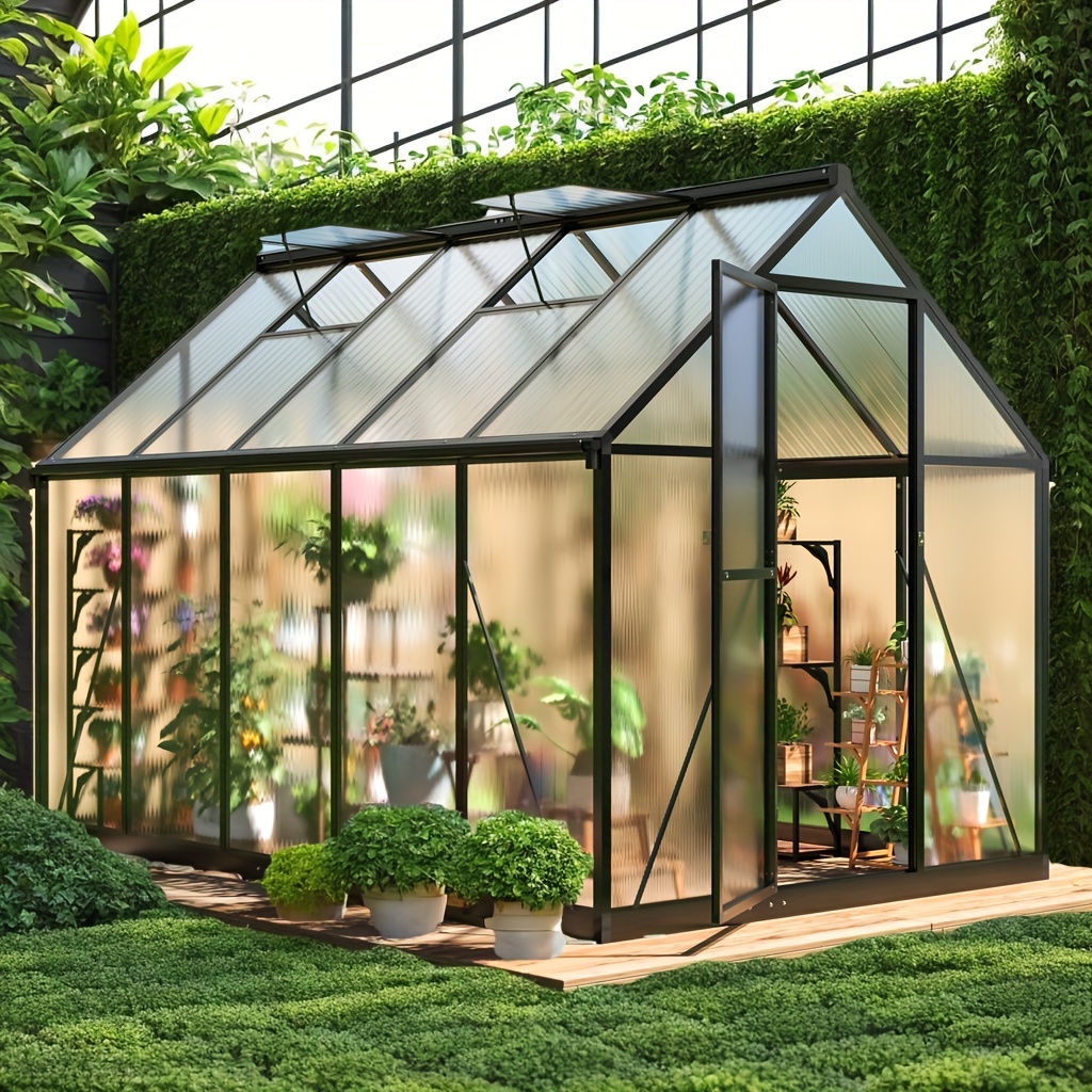 

6x9 Ft Assembled Polycarbonate Greenhouse With Roof Ventilation & Spacious Aluminum Walk-in Entrance For Outdoor Garden Backyard - Sleek Doors