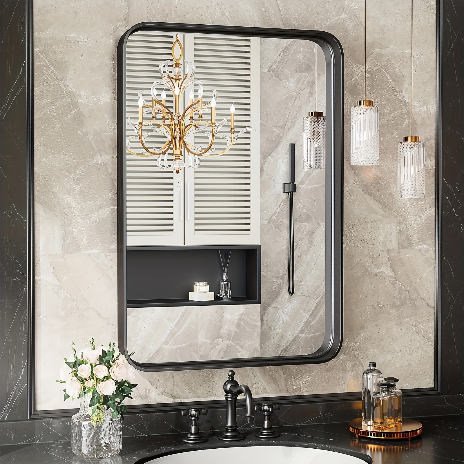 

Farmhouse Black Bathroom Vanity Mirror, Rectangular Metal Framed Wall Mirror, Rust-resistant, Tempered Glass, Can Be Hung Horizontally Or Vertically