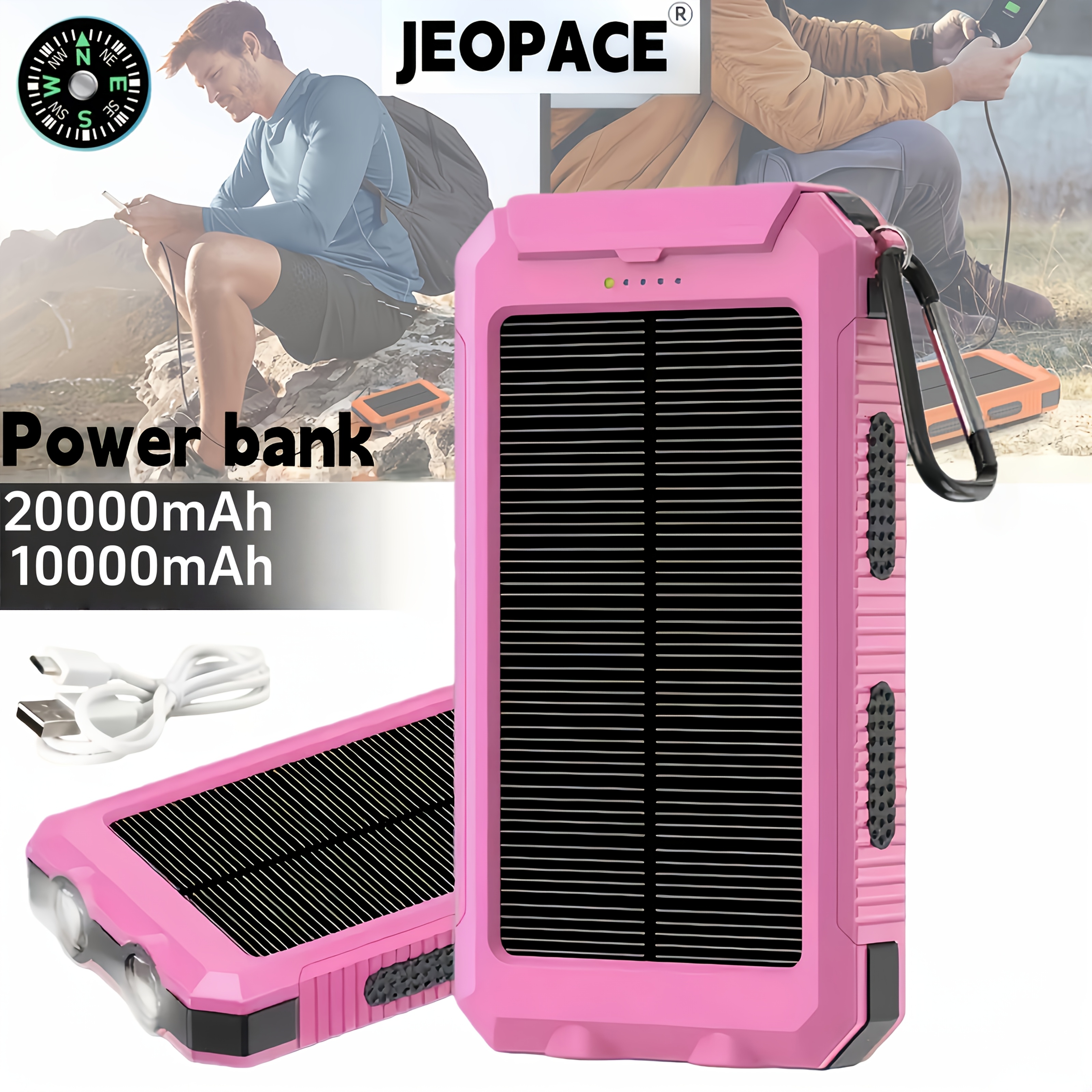 20000mah 10000mah portable solar phone charger camping external battery charger for mobile phones 2 usb ports led flashlight with compass for outdoor activities 20000mah solar charger power bank