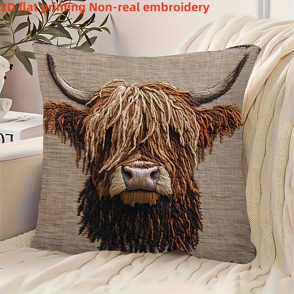 TEMU 1pc Vintage Highland Cow Throw Pillow Cover, 18x18 Inch, Soft Plush Polyester, Machine Washable, Zipper Closure, Decorative Case For Sofa, Bed,