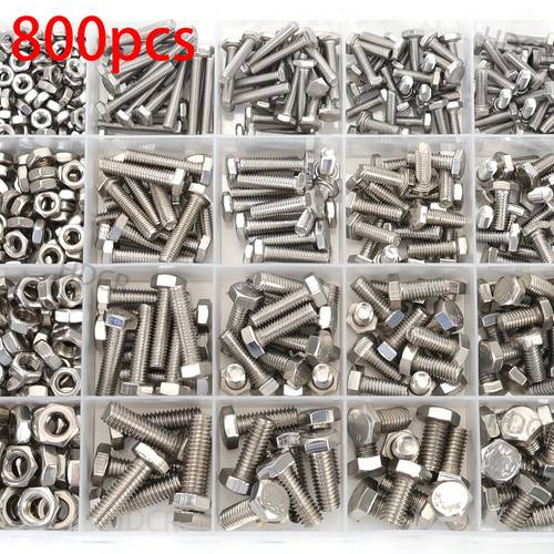 800pcs stainless steel hex assortment kit with nuts washers and spring washers din933 8 10 9 m6 a2 a4 marine grade metric coarse thread for mechanical diy