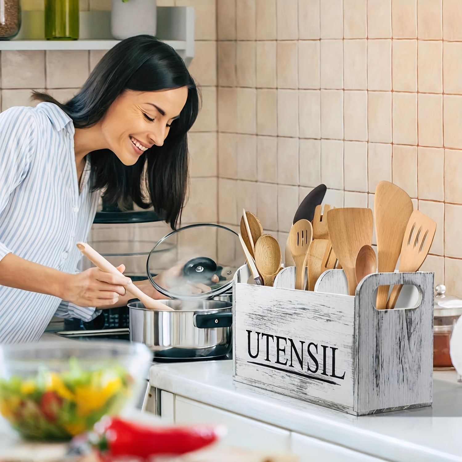 

Rustic Farmhouse Wooden Kitchen Utensil Caddy - 3-compartment Silverware Organizer, Countertop Cooking Tools Holder, Spoon Storage Box, Non-powered Accessories