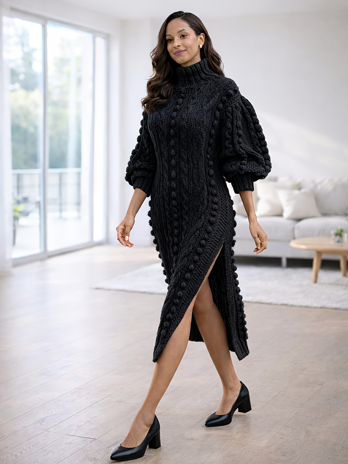knit dress with puff sleeves womens sweater textured sleeve high neck maxi daytime dress