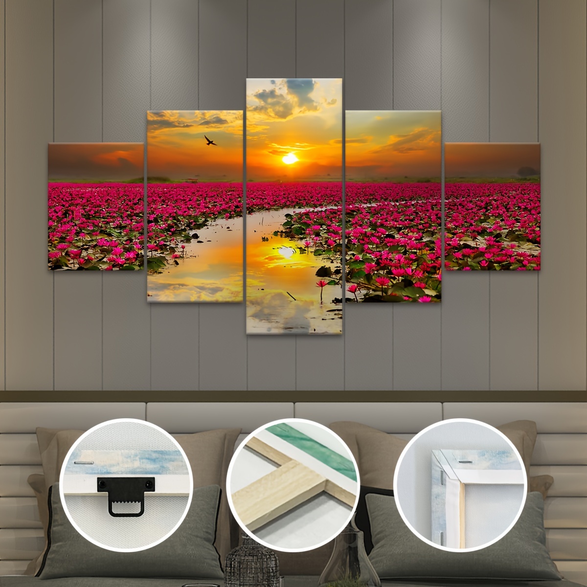 

5pcs Wooden Framed Canvas Poster, Modern Art, Sunrise Lotus Flower Sea Canvas Poster, Ideal Gift For Bedroom Living Room Corridor, Wall Art, Wall Decor, Winter Decor, Room Decoration