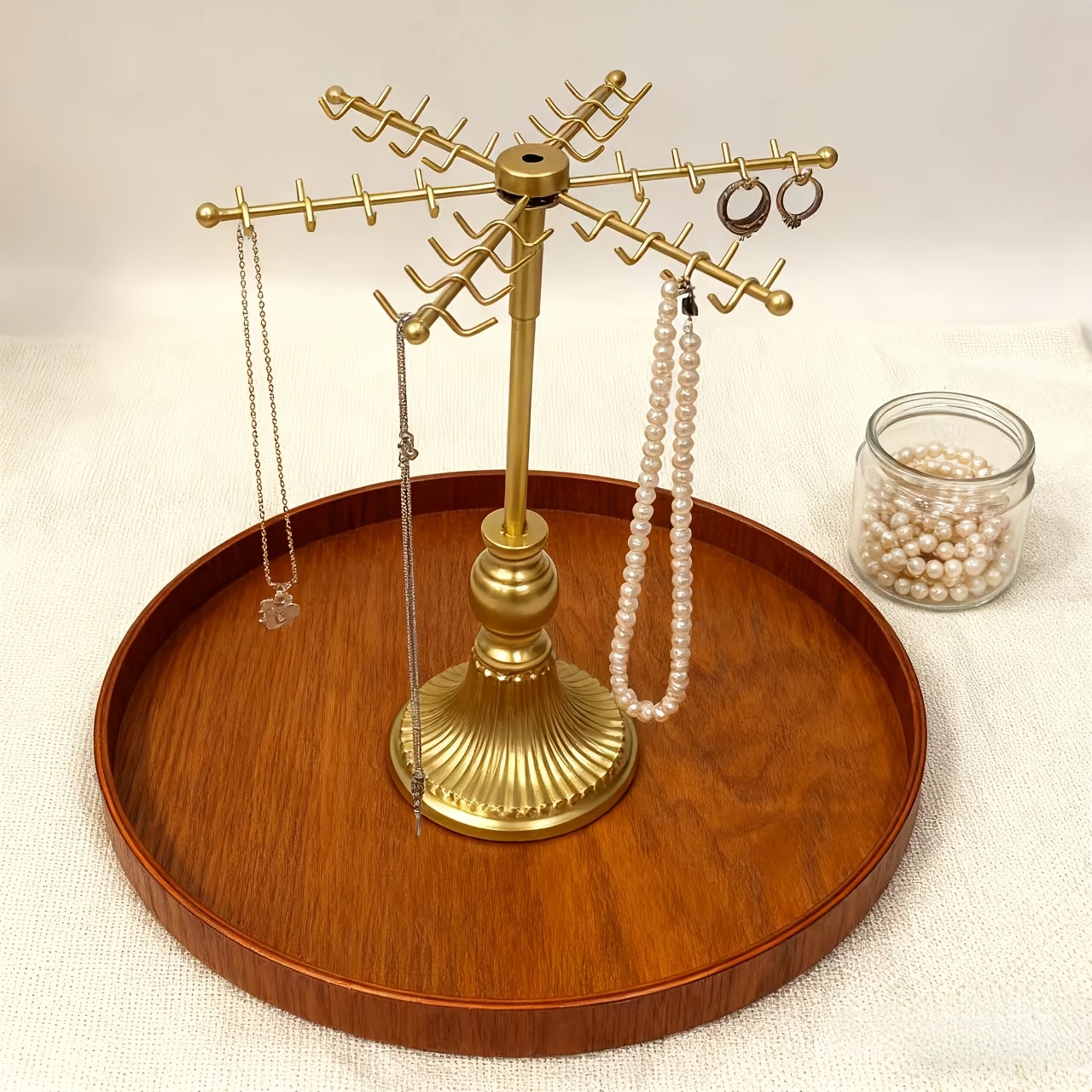 48-Hook Golden Jewelry Display Stand with Rotating Hooks