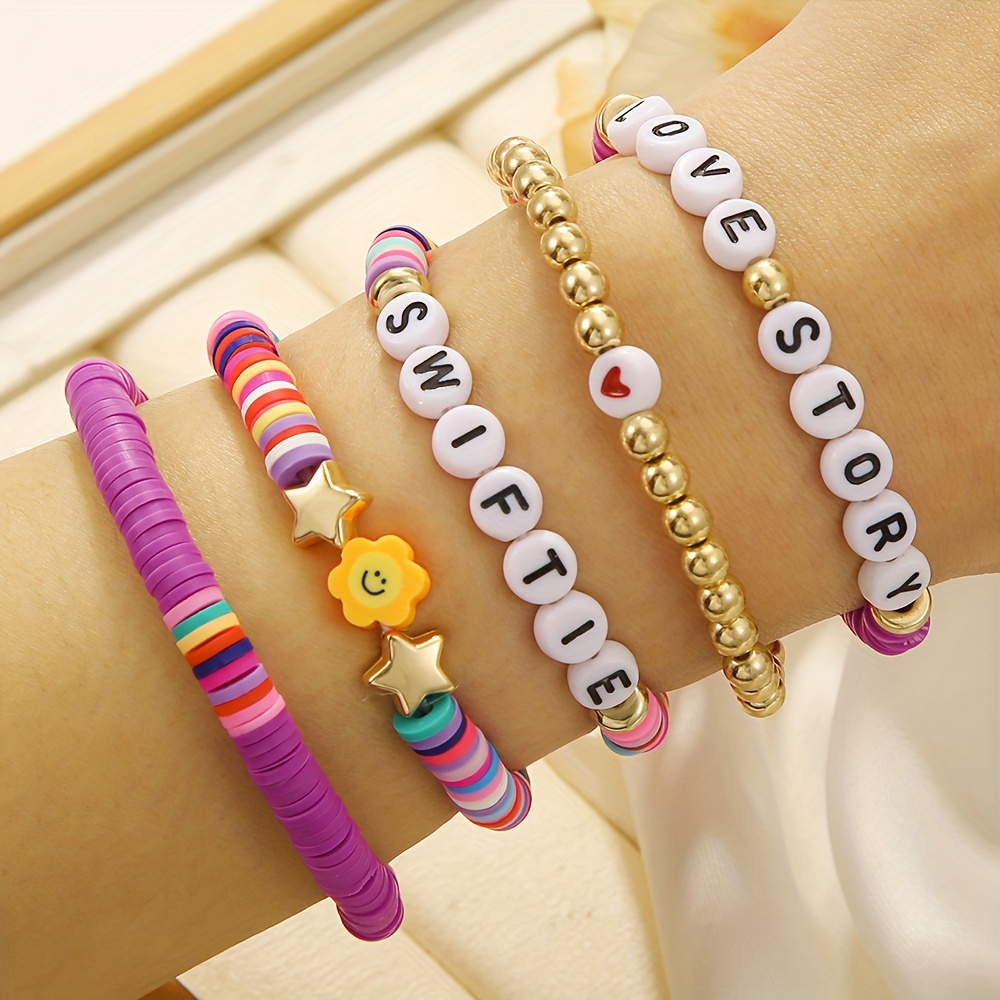 

5pcs Purple Sun Letter Soft Pottery Bracelets, Unisex Friendship Bracelets, Versatile Fashion Jewelry